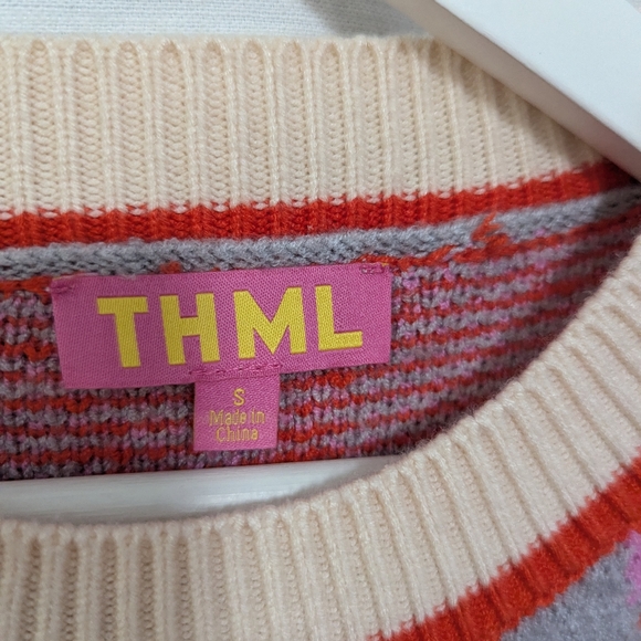 THML Grey Puff Sleeve Reagan Ribbon Bow Holiday Sweater Sz S - Picture 3 of 7